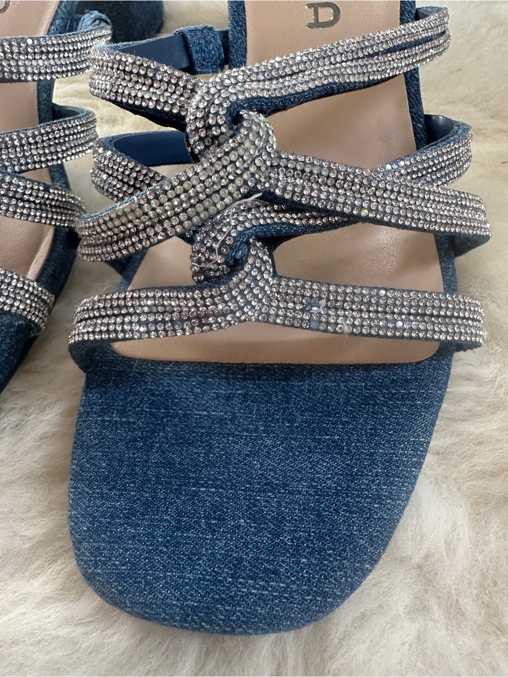 Unisa Denim Rhinestone Sandals Womens 7 Blue Block Heel Open Toe New - Picture 6 of 9